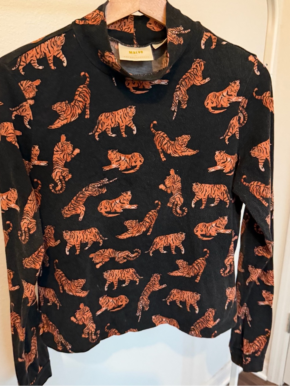 Womens Black Long-Sleeve Top with Orange Tiger Print